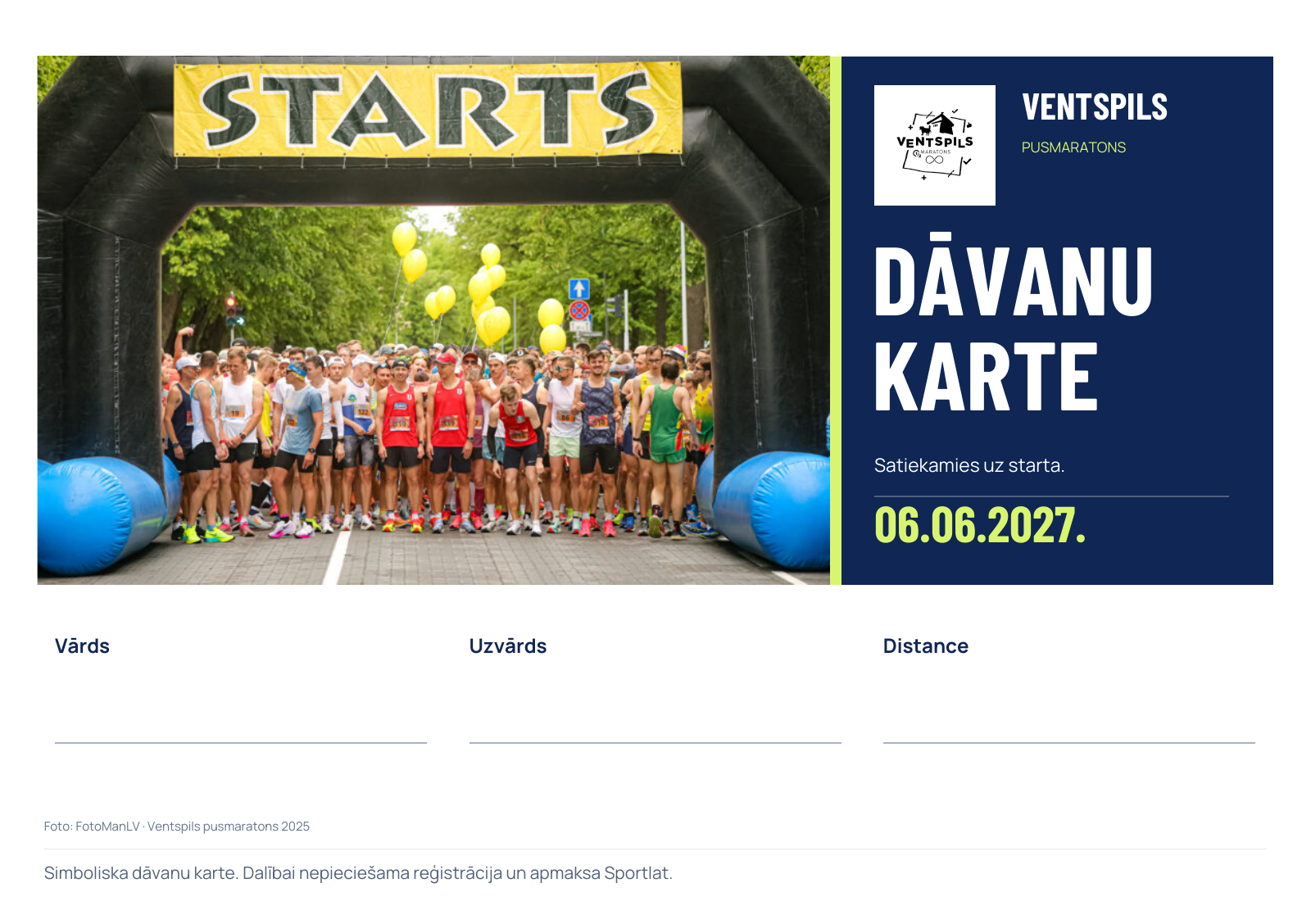 Ventspils pusmaratona dāvanu karte 06.06.2027. ar zilu skrējēju un piekrastes ilustrāciju un tukšiem laukiem vārdam, uzvārdam un distancei; apakšā norāde, ka nepieciešama reģistrācija un apmaksa Sportlat.